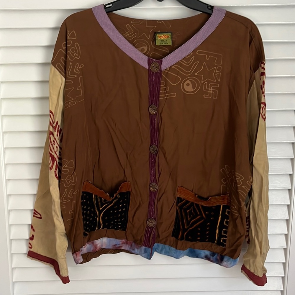 Vintage Magic Fish Button Down Patchwork Shirt Boho Artsy One Size